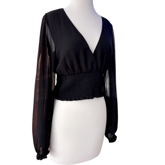 Wilfred Wistful Blouse Black Sheer Long Sleeves Smocked Surplice Size Medium EUC - Picture 7 of 10